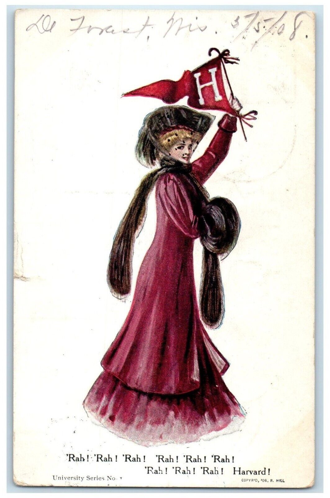 1908 Pretty Woman Pennant Harvard De Forest Wisconsin WI Antique Postcard