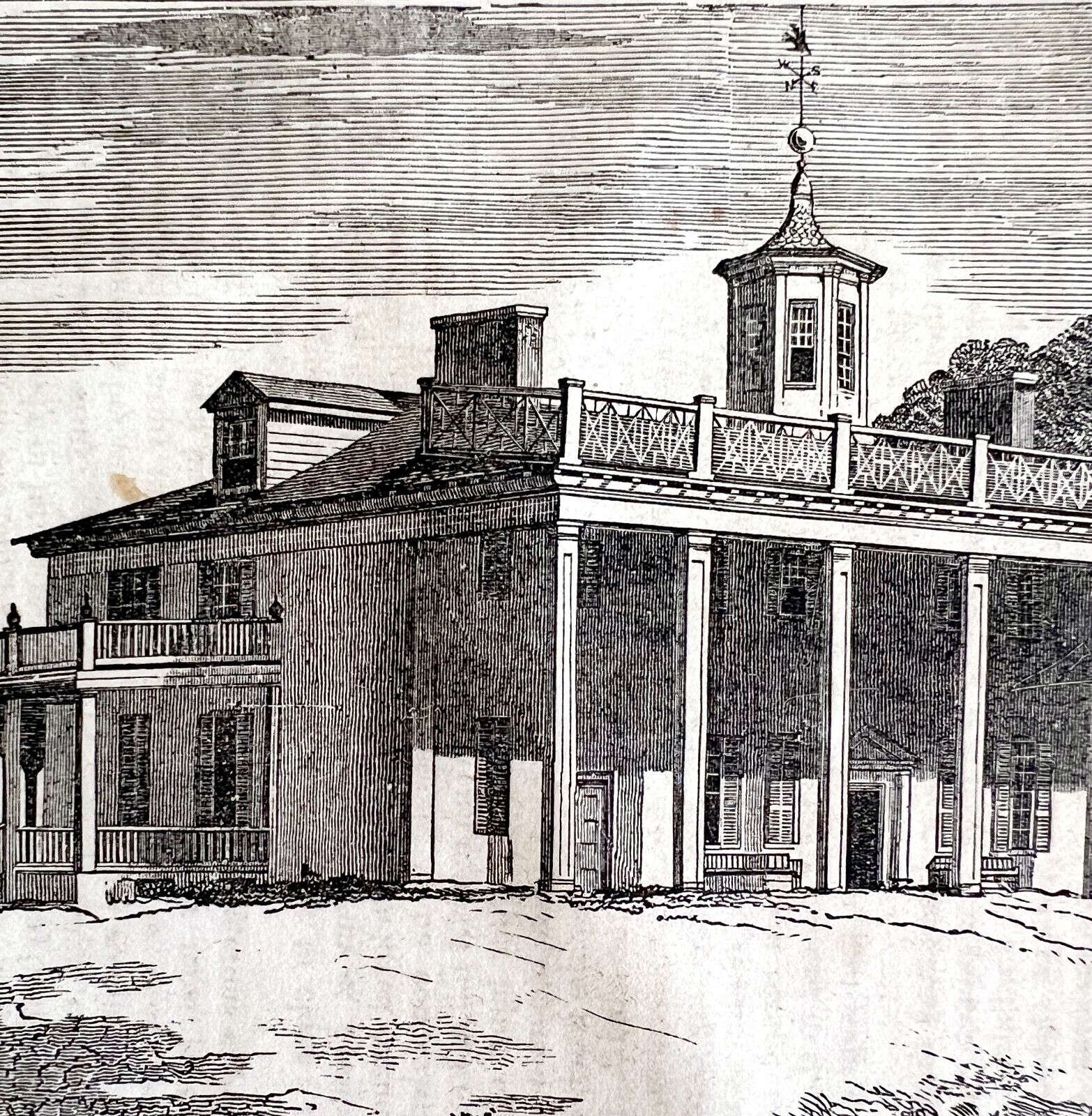 Washington Residence Mount Vernon 1845 Woodcut Print Victorian Revolution DWY9B