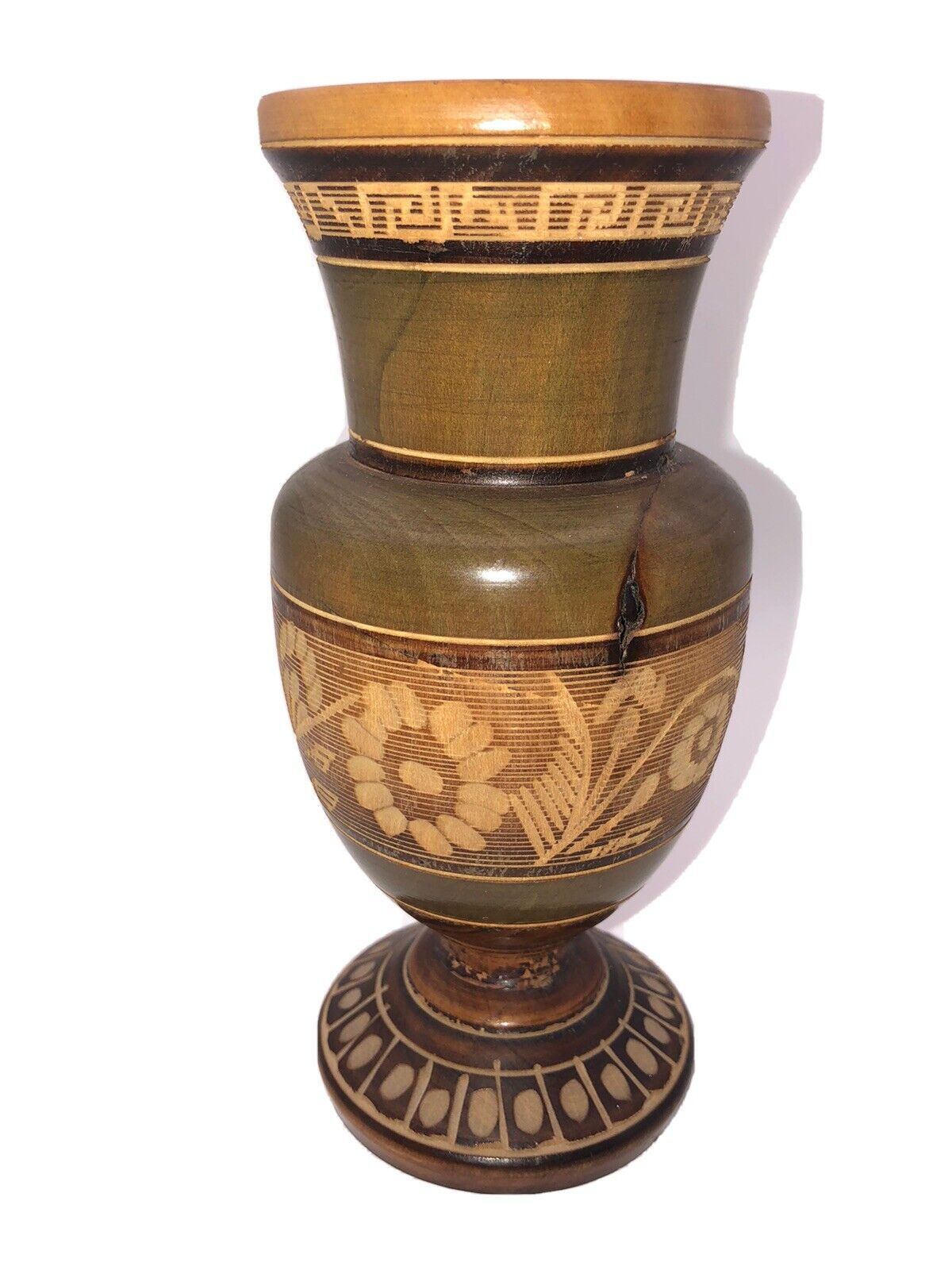 BOHO wood carved intricate vase. Olive Green/ Brown.Flowers, Leaves, Aztec/Mayan
