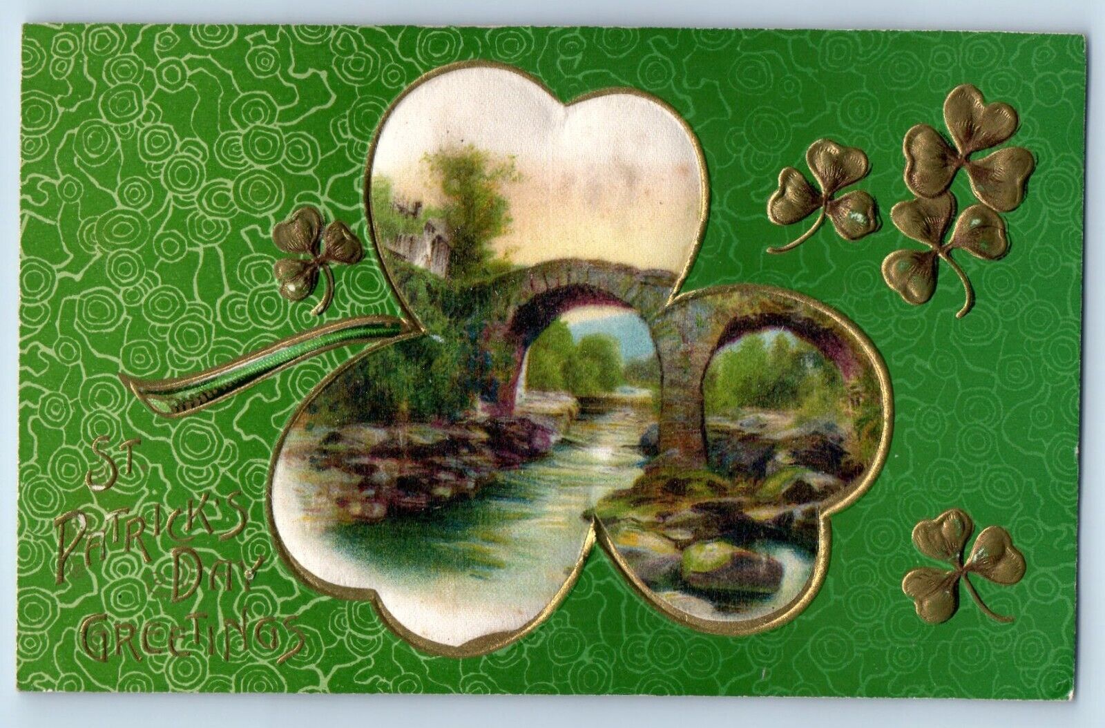 St. Patrick\'s Day Postcard Greetings Shamrock Winsch Back Silk Embossed c1910\'s