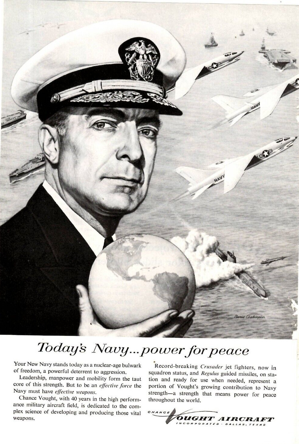 1957 Print Ad  Chance Vought Aircraft Today\'s Navy Boris Chaliapin Illustration