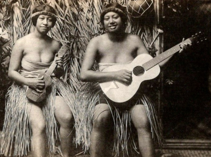 Vintage RPPC Guam Sexy Chamorro Women Guamanians Guitar Ukulele Grass Skirt Hut