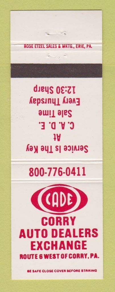 Matchbook Cover - Corry Auto Dealers Exchange Corry PA