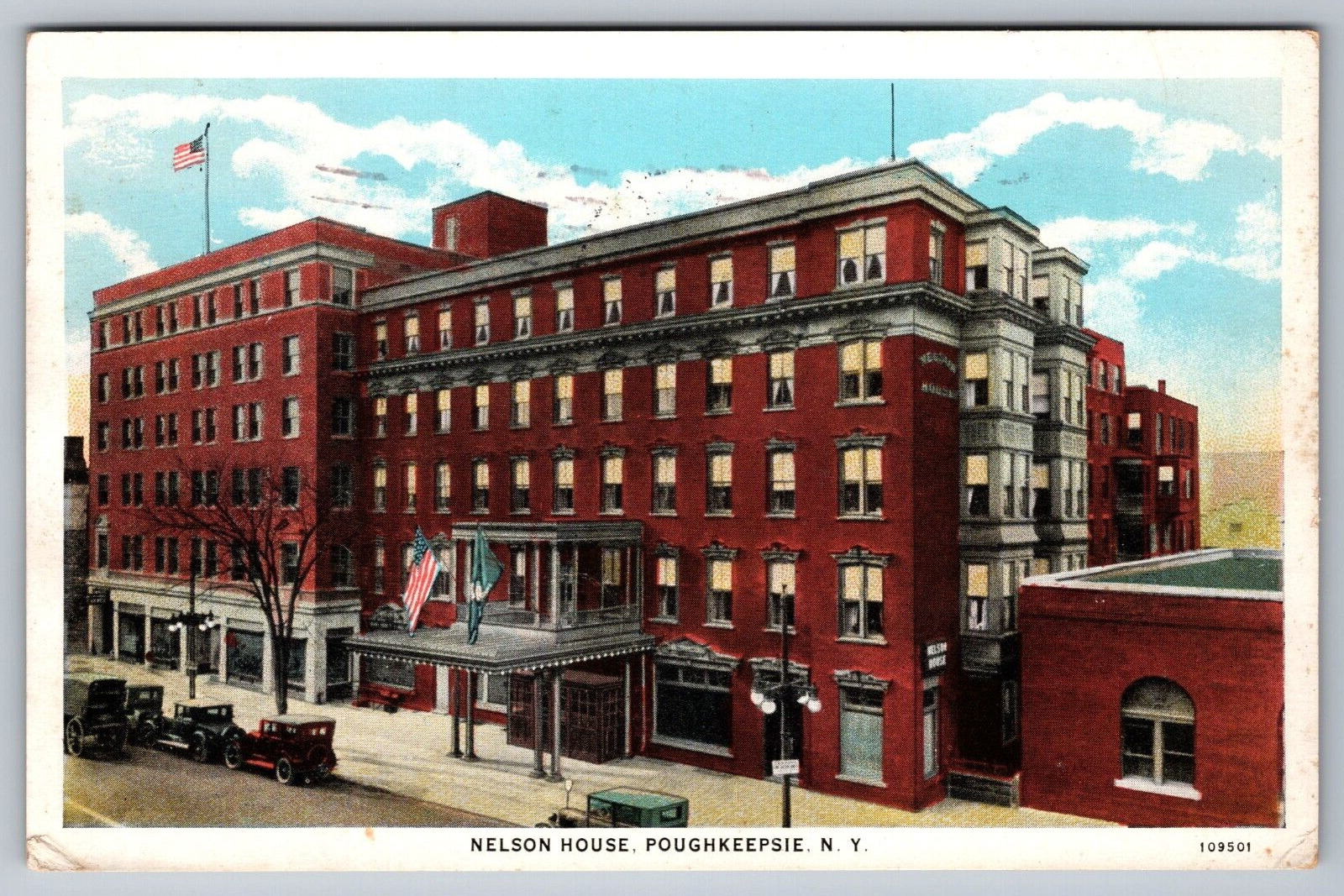 Poughkeepsie NY Postcard c1925 Nelson House Hotel Old Cars on Street