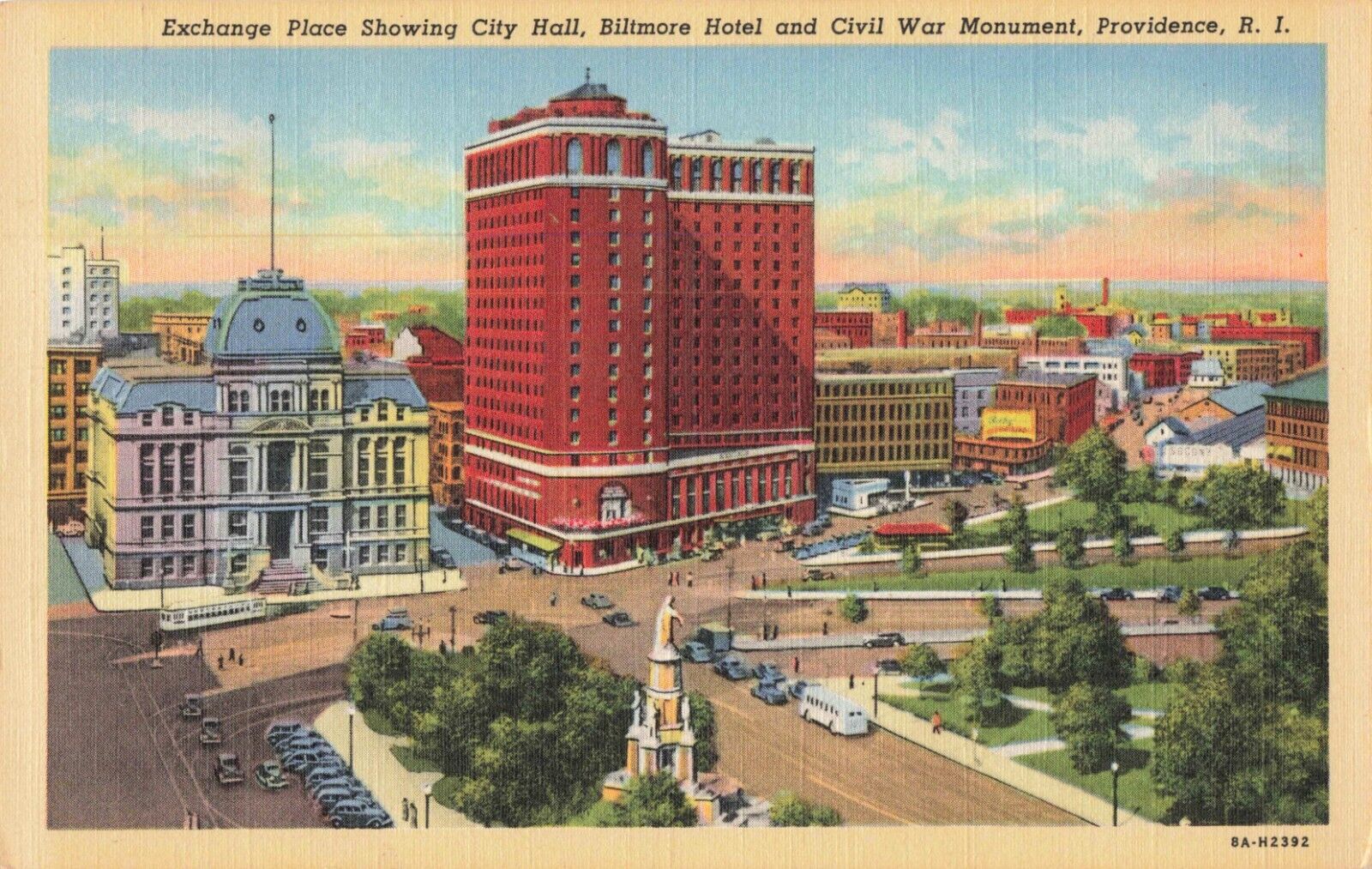 Providence RI, City Hall, Biltmore Hotel, Civil War Monument, Vintage Postcard