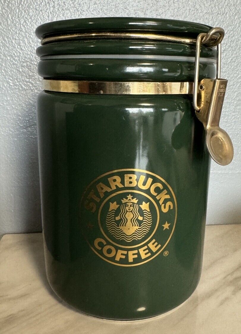 STARBUCKS Bee House Japan Green Ceramic Coffee Tall Canister 8x5