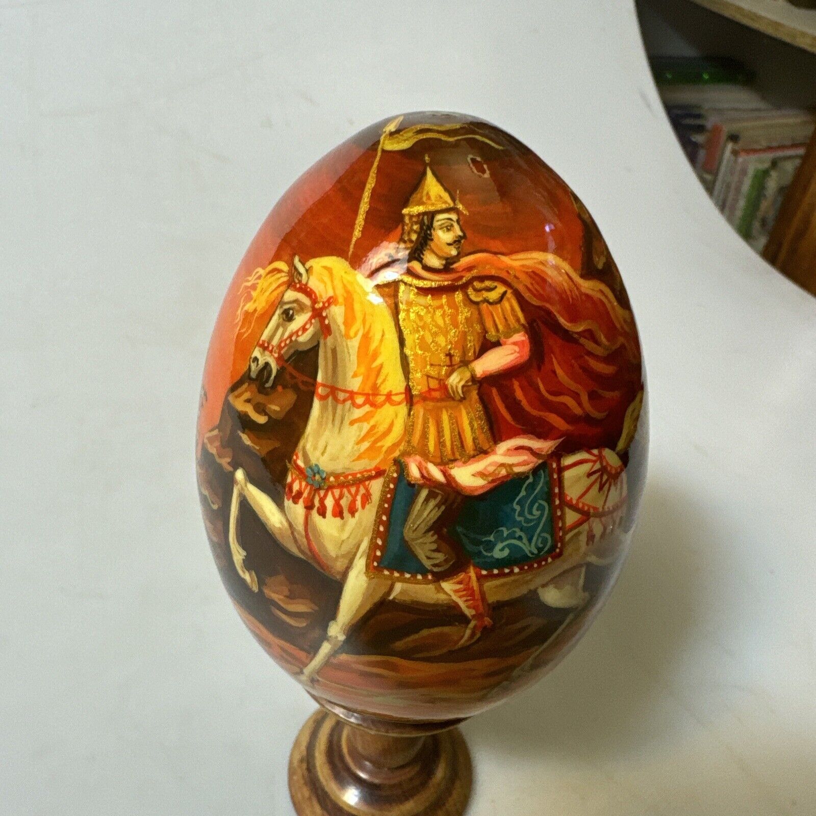 Russian Hand Painted Wooden Egg, Fairytale Motif, Russia  Signed