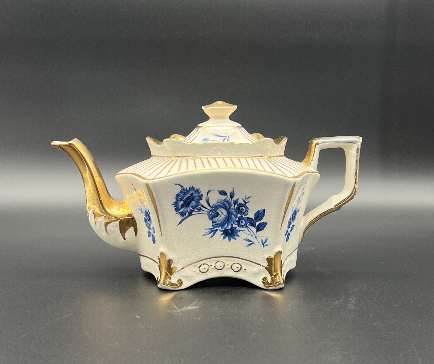 Arthur Wood Hexagonal Teapot Blue Floral GOLD Trim Stunning Vintage