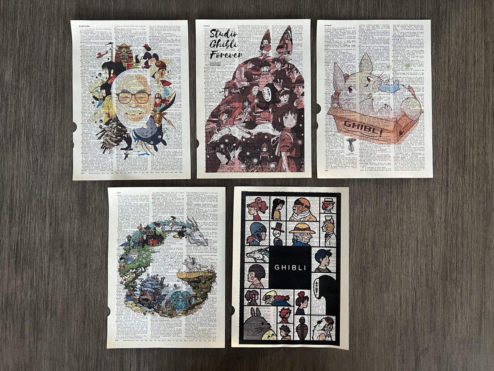 Ghibli Tribute Dictionary Art Print Spirited Away Totoro Howl\'s Kiki - Set of 5