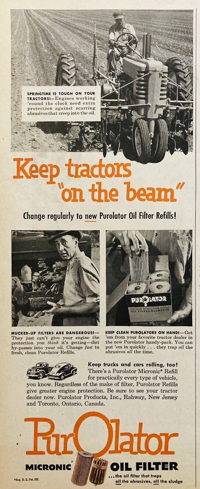 1950AD.(XH74)~PUROLATOR PRODUCTS CO. RAHWAY, NJ. PUROLATOR TRACTOR OIL FILTERS