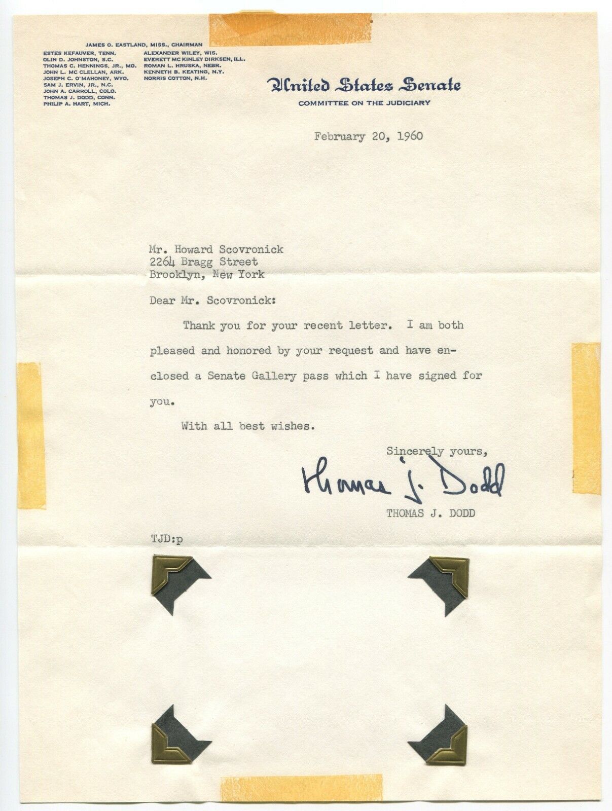 Thomas J. Dogg Signed Chamber Letter Autographed Signature Politician Senator
