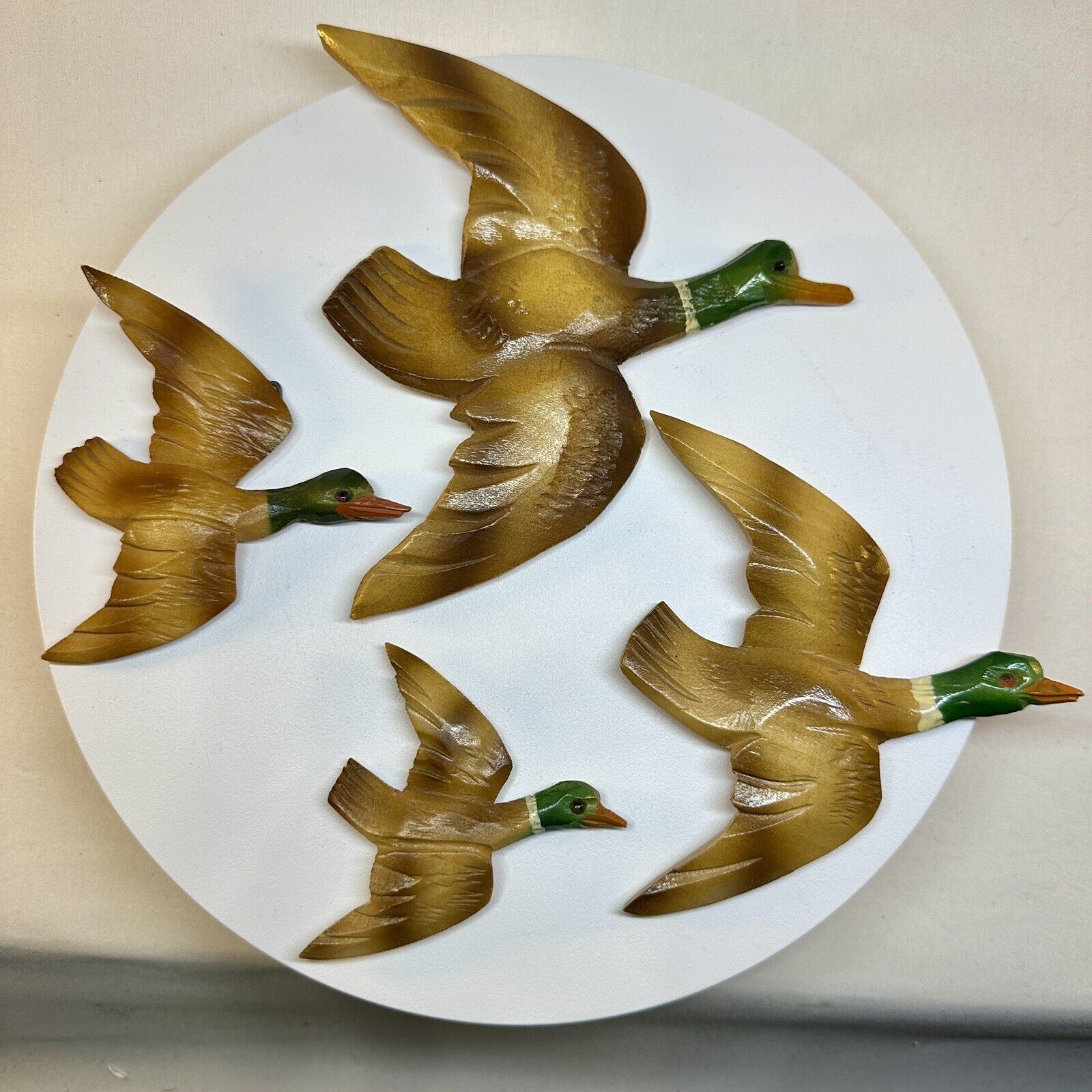 4 Vintage Wood Flying Ducks Mallards Wall Hanging Hunting Decor Made in Germany