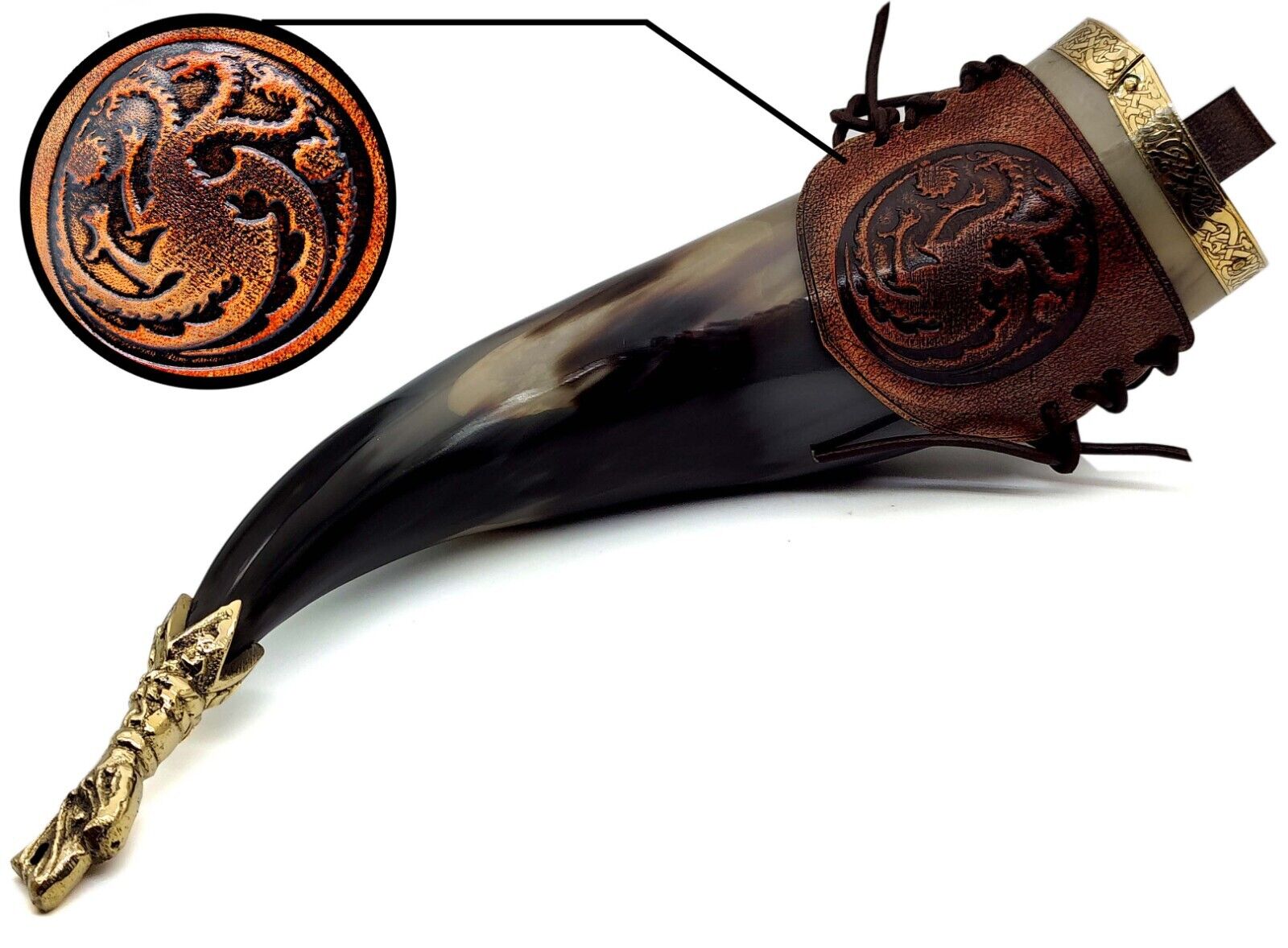 Three Headed Dragon Belt Viking Drinking Horn Tankard with Brass Dragon Medieval