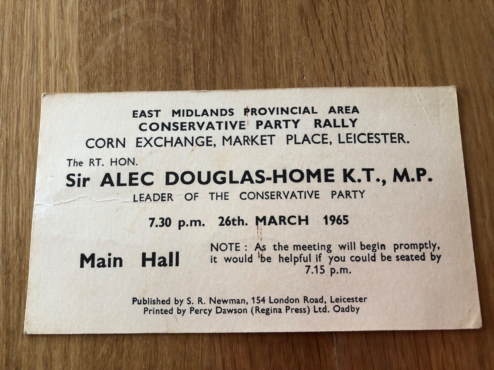 1965 sir alec douglas - home mp . autograph on a conservative rally card