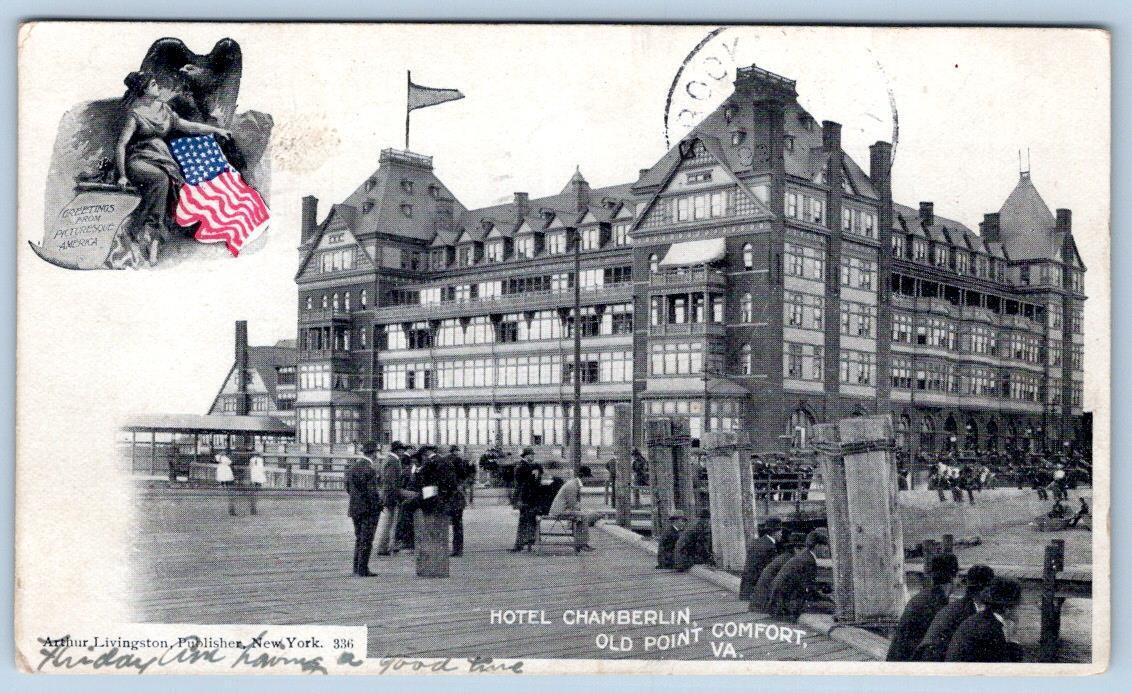 1903 HOTEL CHAMBERLIN OLD POINT COMFORT VA BOARDWALK PATRIOTIC AMERICAN FLAG