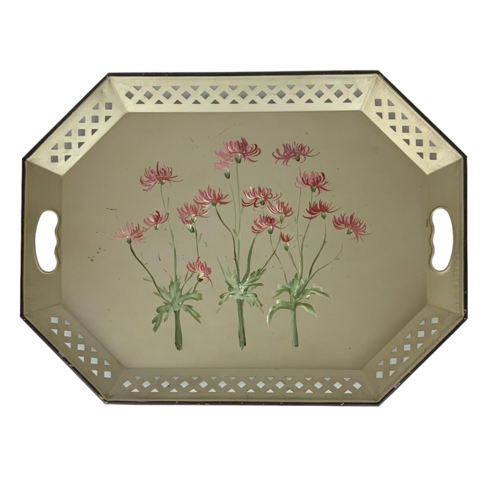 Nashco Hand Painted Metal Toleware Handled Serving Tray Pink Spider Lilies