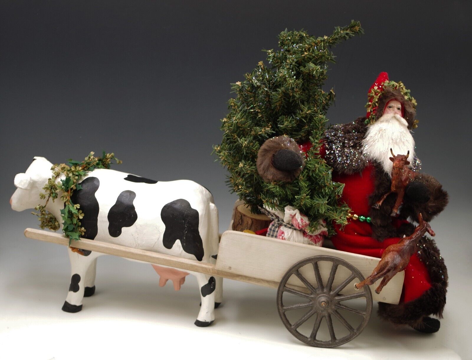 GERMAN STYLE  BELSNICKLE CHRISTMAS WAGON WITH COW XL 2005 ARTIST SIGNED FOLK ART