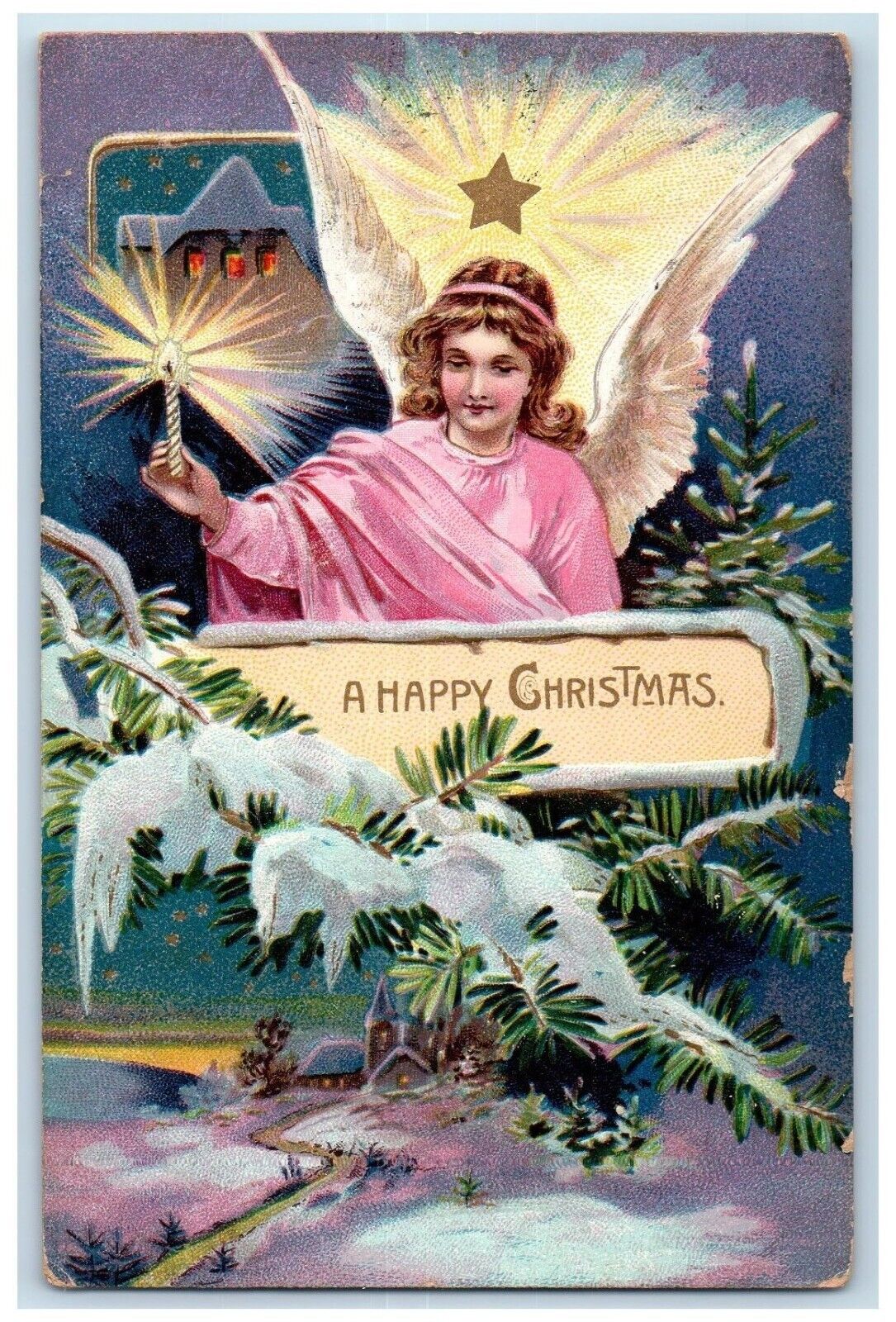 1910 Christmas Angel With Candle Light Pine Leaf Winter Embossed Tuck\'s Postcard