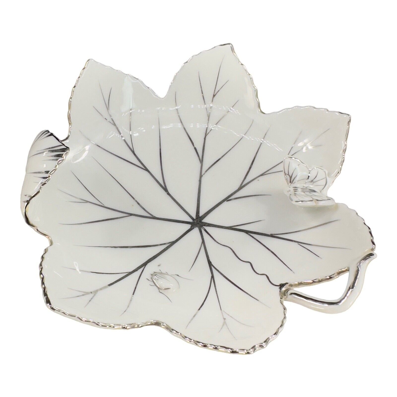 Andrea By Sadek Hand Painted Leaf Dish Bowl Silver Overlay Butterfly And A Bug