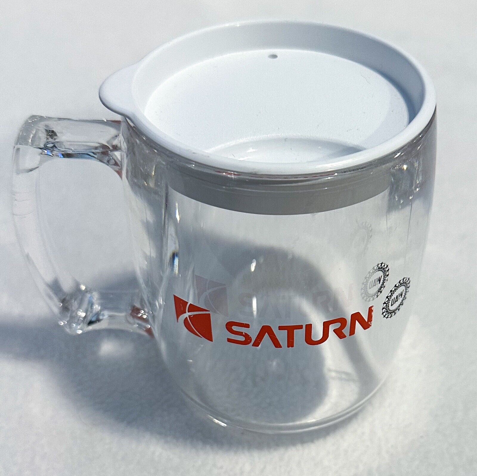 Saturn UAW Logo CLEAR ACRYLIC Mug w/ Lid Defunct Car Maker Vehicle Automobile