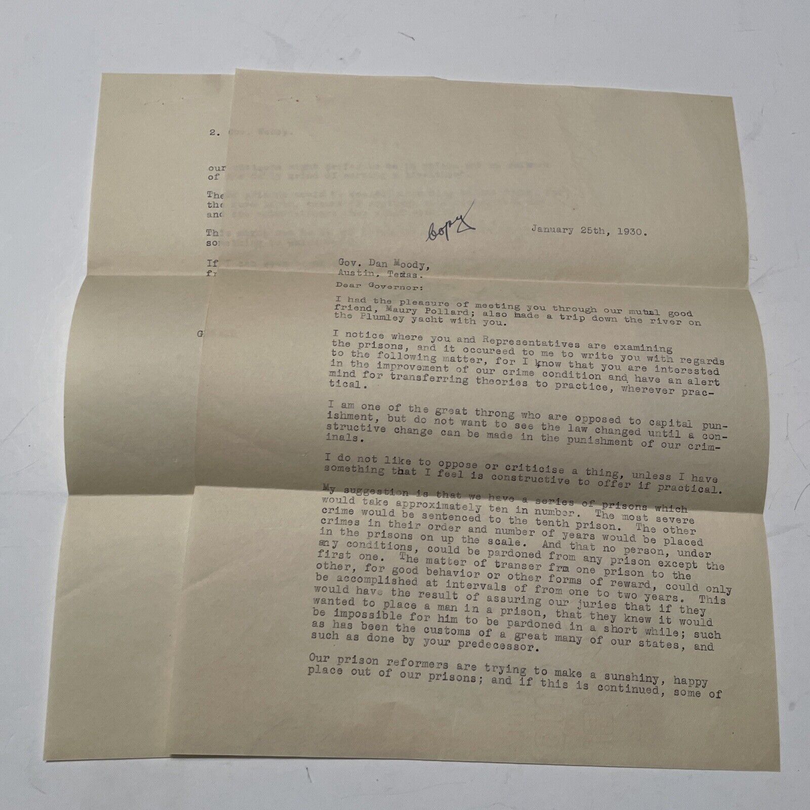 Letter To Texas Gov. Dan Moody 1930 Texas Prison Political 