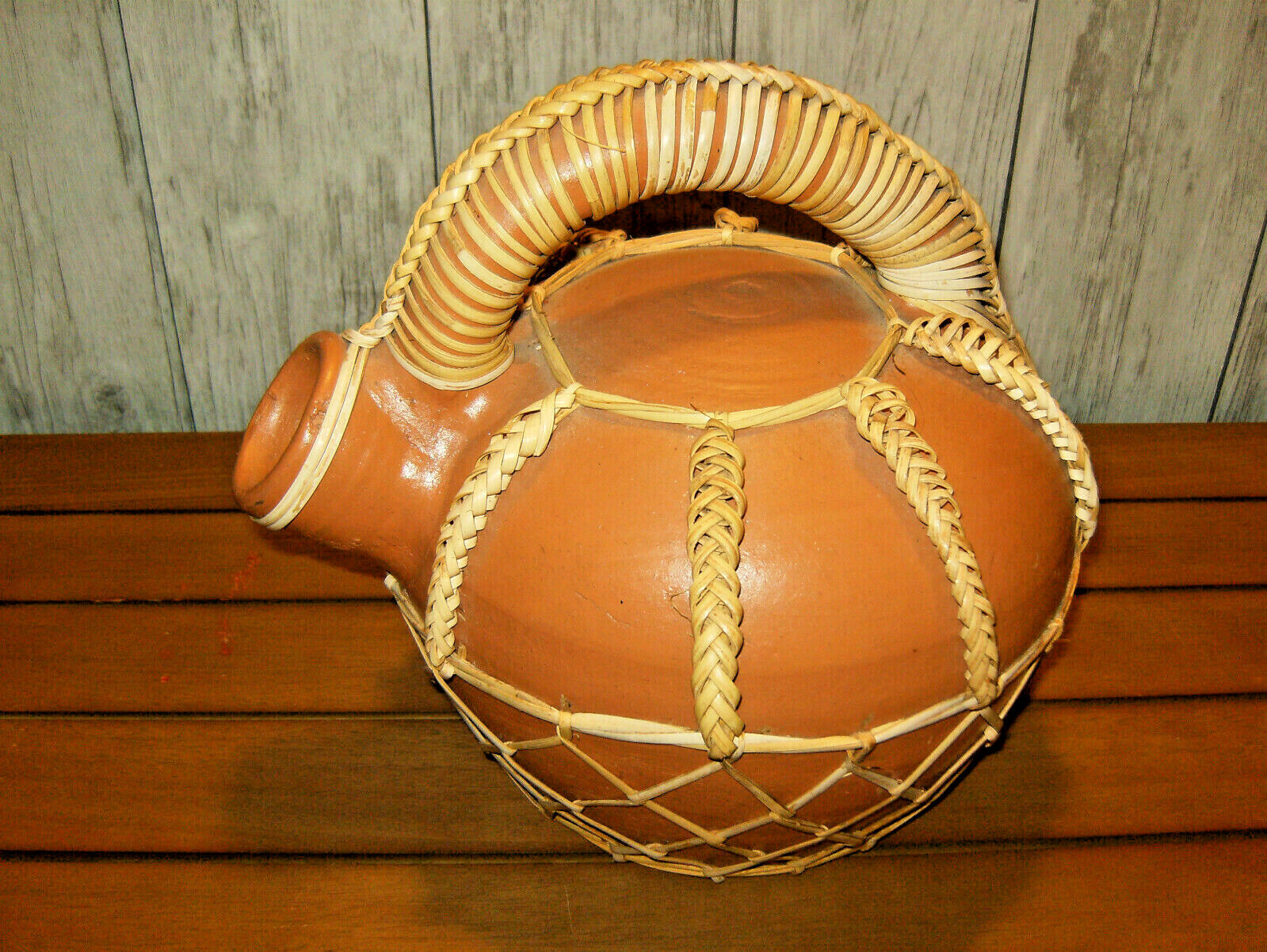 Handmade Large Clay Terracotta Water Jug Bamboo Straw Handle No Marks
