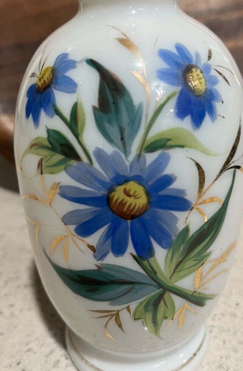 1930s-40s Victorian Bohemian Hand Painted Blown Opaline Glass Vase. Cottagecore