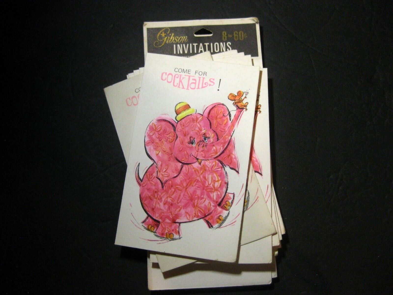 Vintage 8 Cocktail Party Invitations~Gibson~ Pink Elephant & Mouse~NEW UNWRAPPED
