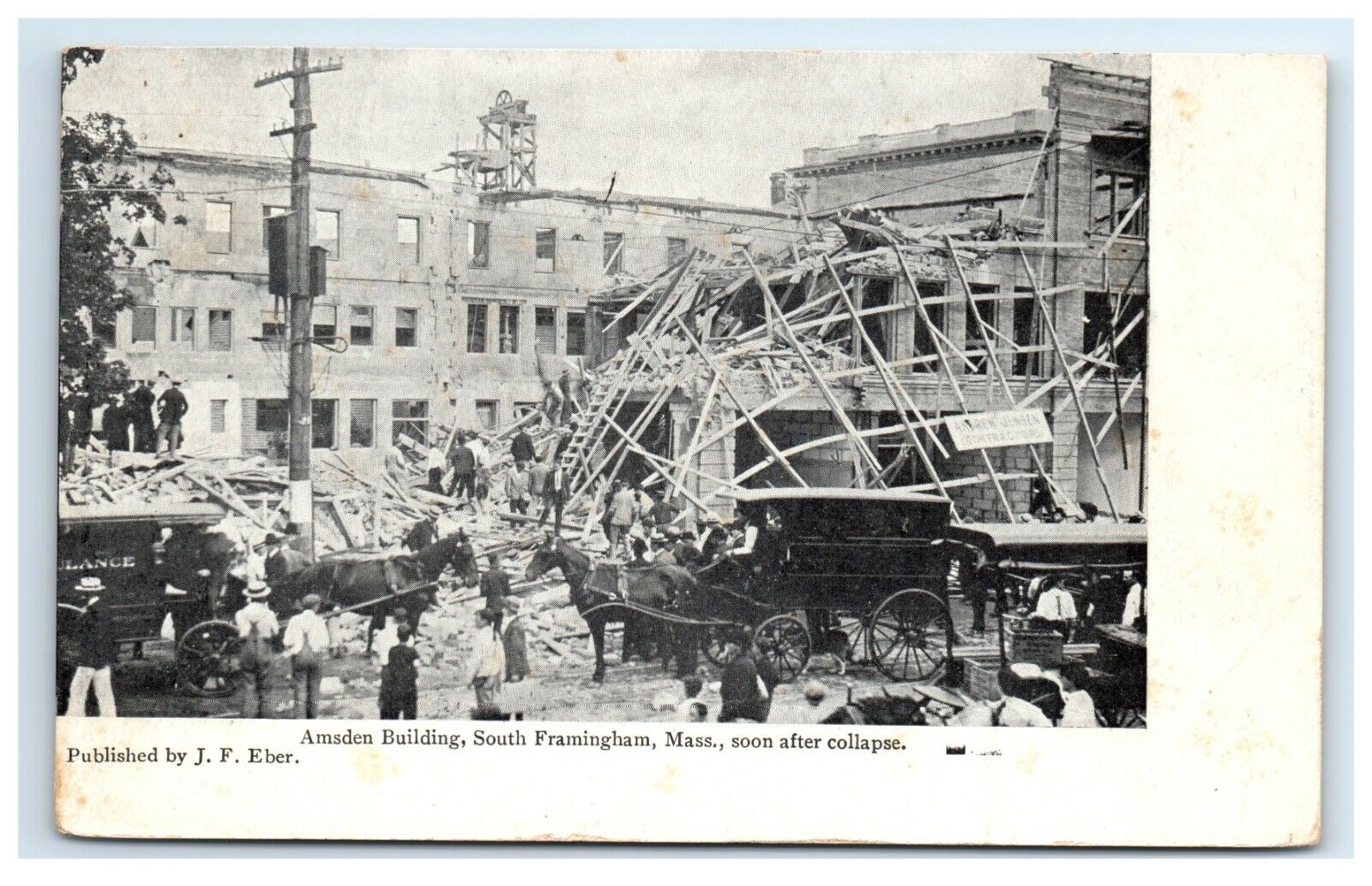 Postcard Amsden Building, South Framingham MA Soon After Collapse c1906 G14