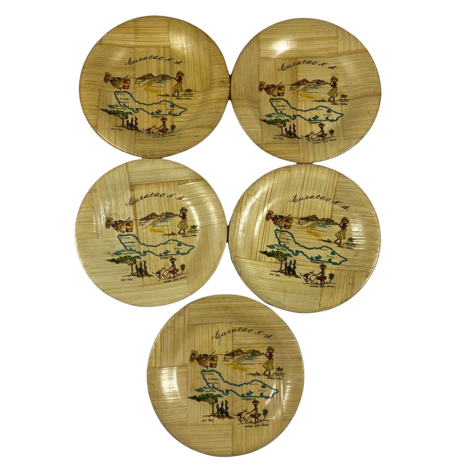 Vintage Curacao N. A 4” Bamboo Appetizer Set Of 5 Coasters Trinket Dish Map  