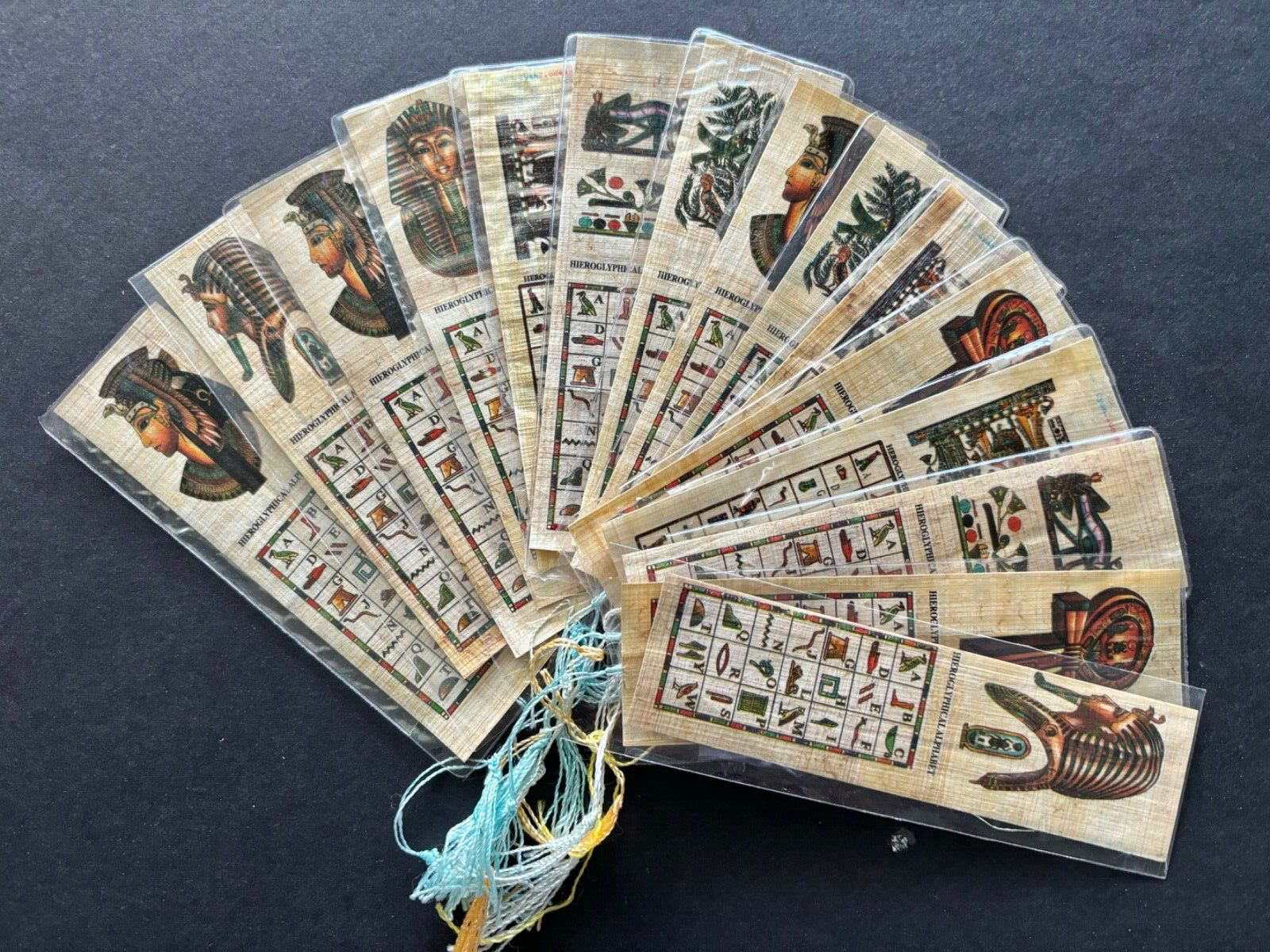 15 Assorted Egyptian Papyrus Bookmarks Hieroglyphics  5” Long.