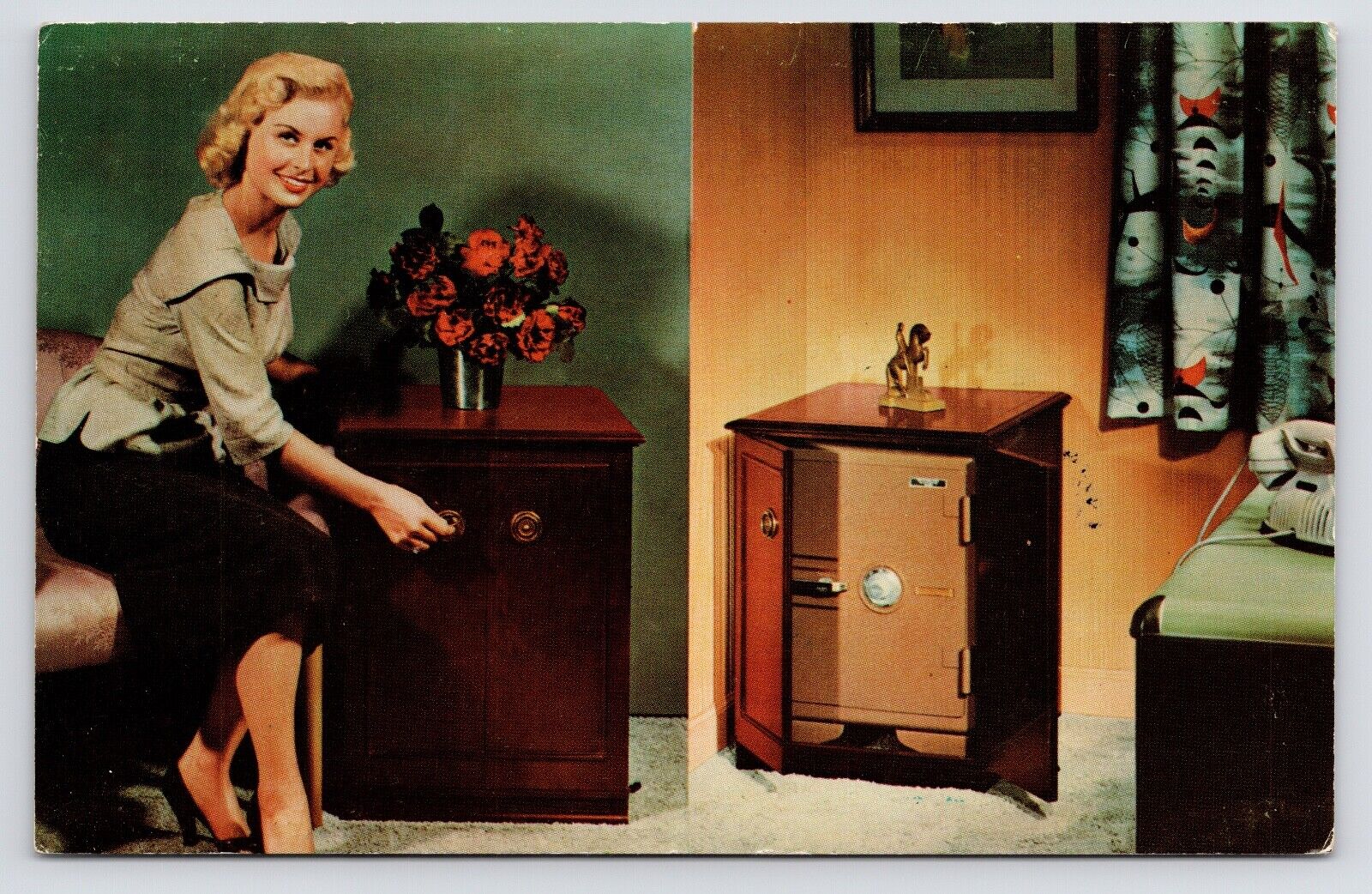 1950s~MCM Furniture Ad~John Brush Cabinet Safe~Williamsville NY~Vintage Postcard