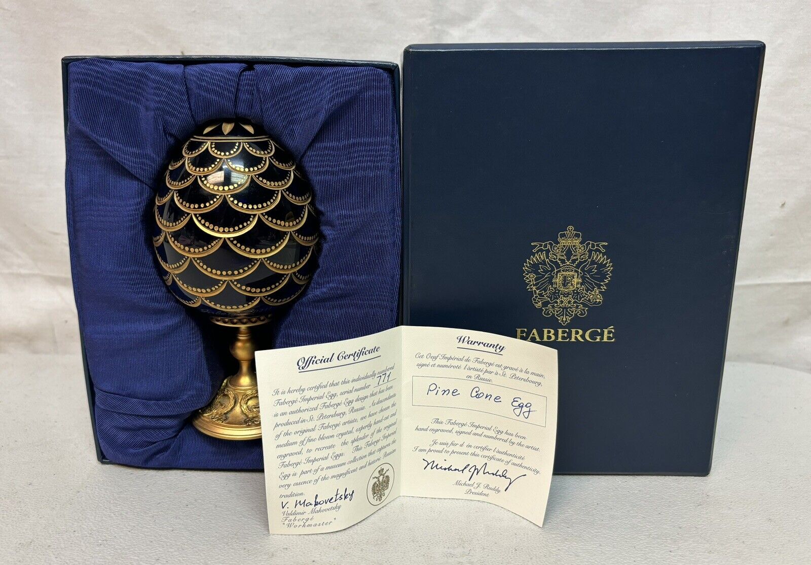 Authentic IMPERIAL FABERGE Egg ~ Blue Crystal Pine Cone in Box w/COA