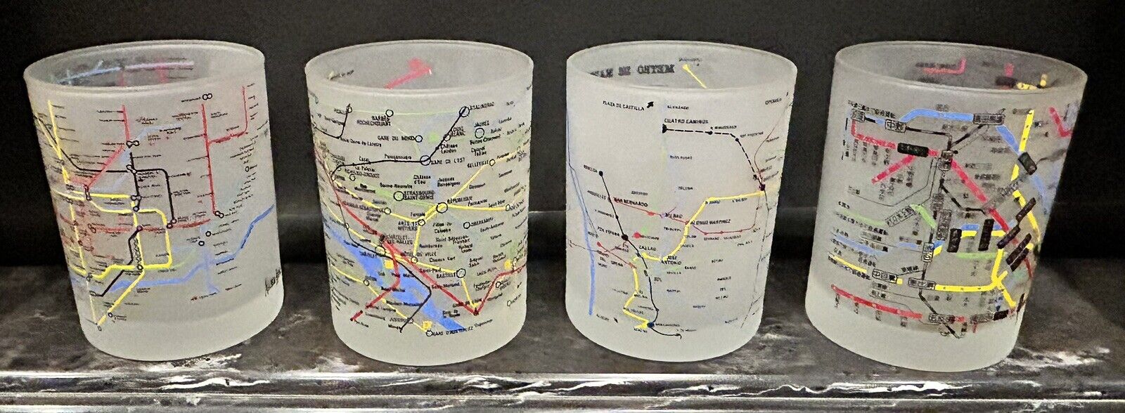 4 Rare Vintage Neiman Marcus Frosted International Subway Map Glass Tumblers
