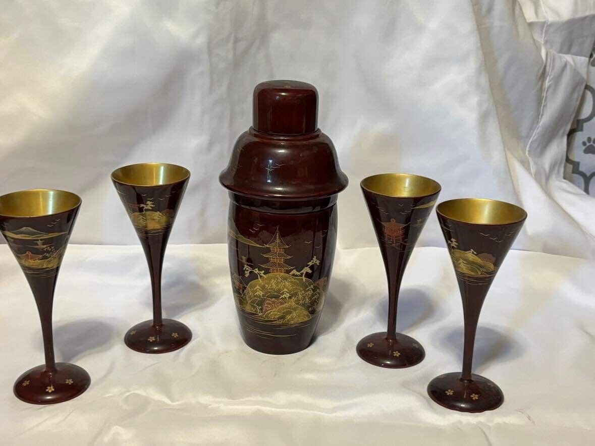 Antique japanese lacquer cocktail shaker and goblets