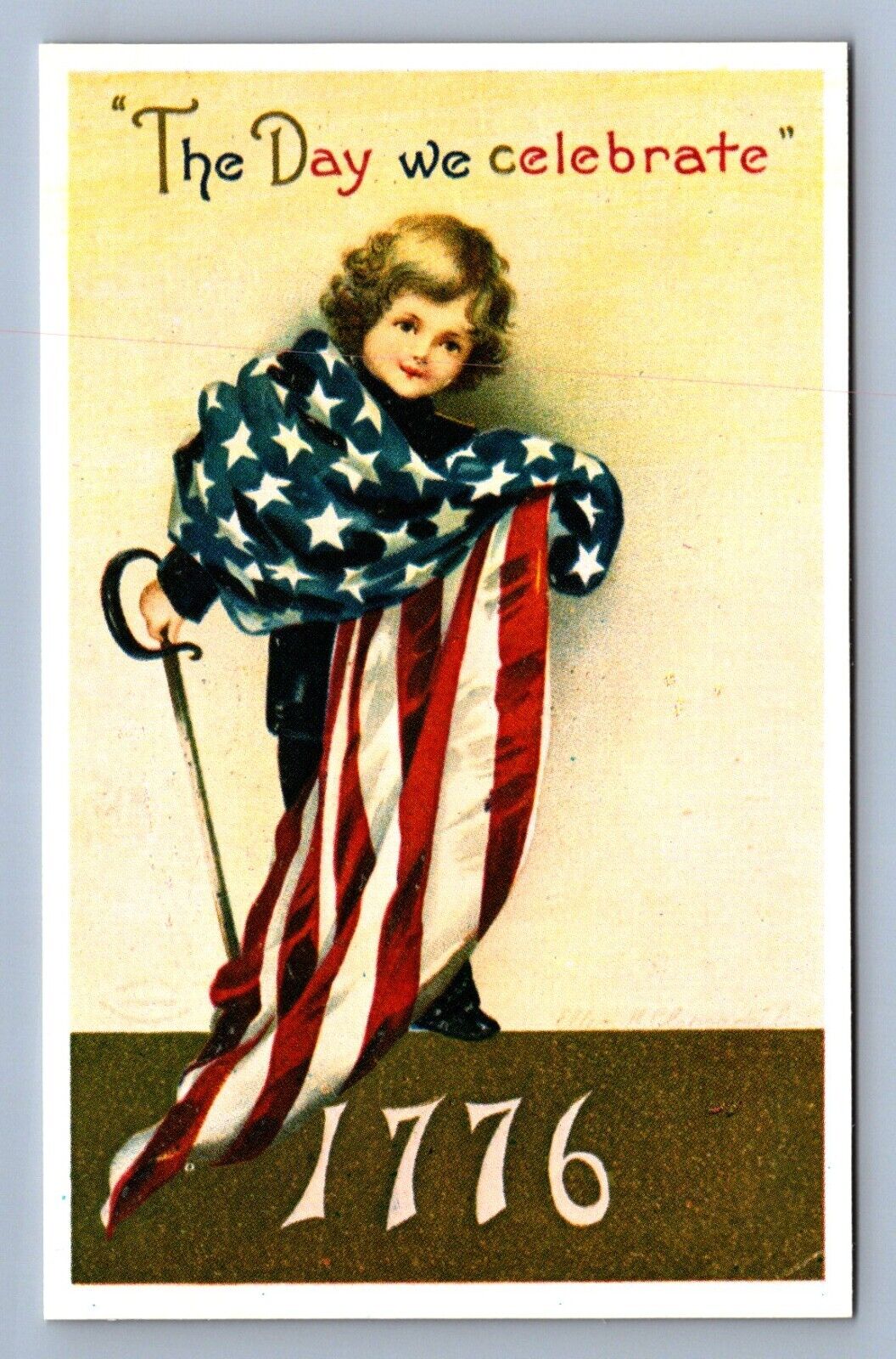 Postcard Vtg Reproduction Patriotic The Day We Celebrate Child Wrapped In Flag