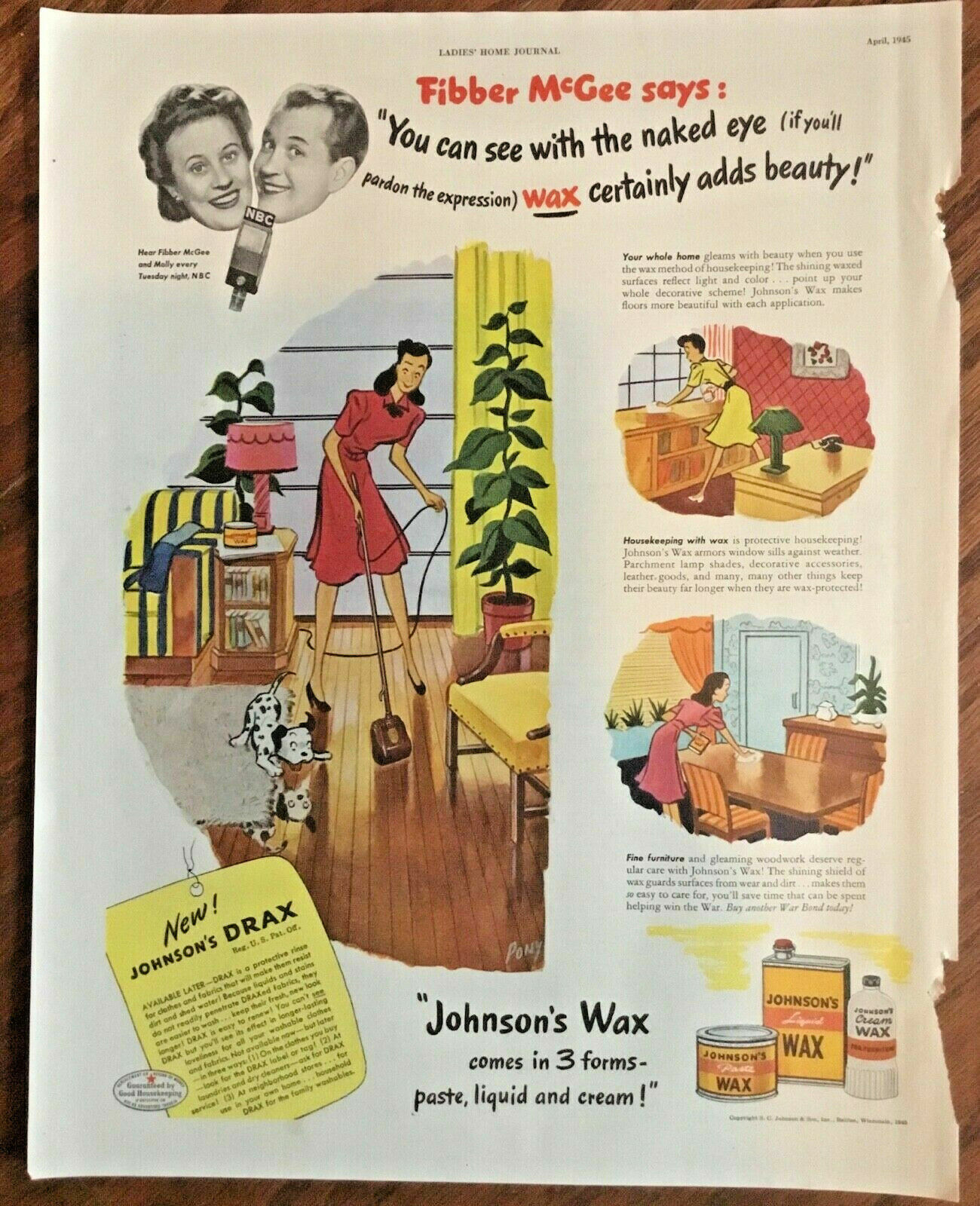 Fibber McGee Johnson\'s wax ad 1945 vintage original print 1940s art retro illus.