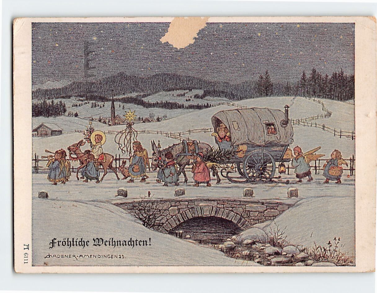 Postcard Fröhliche Weihnachten Christkindi kommt mit seinen Gaben