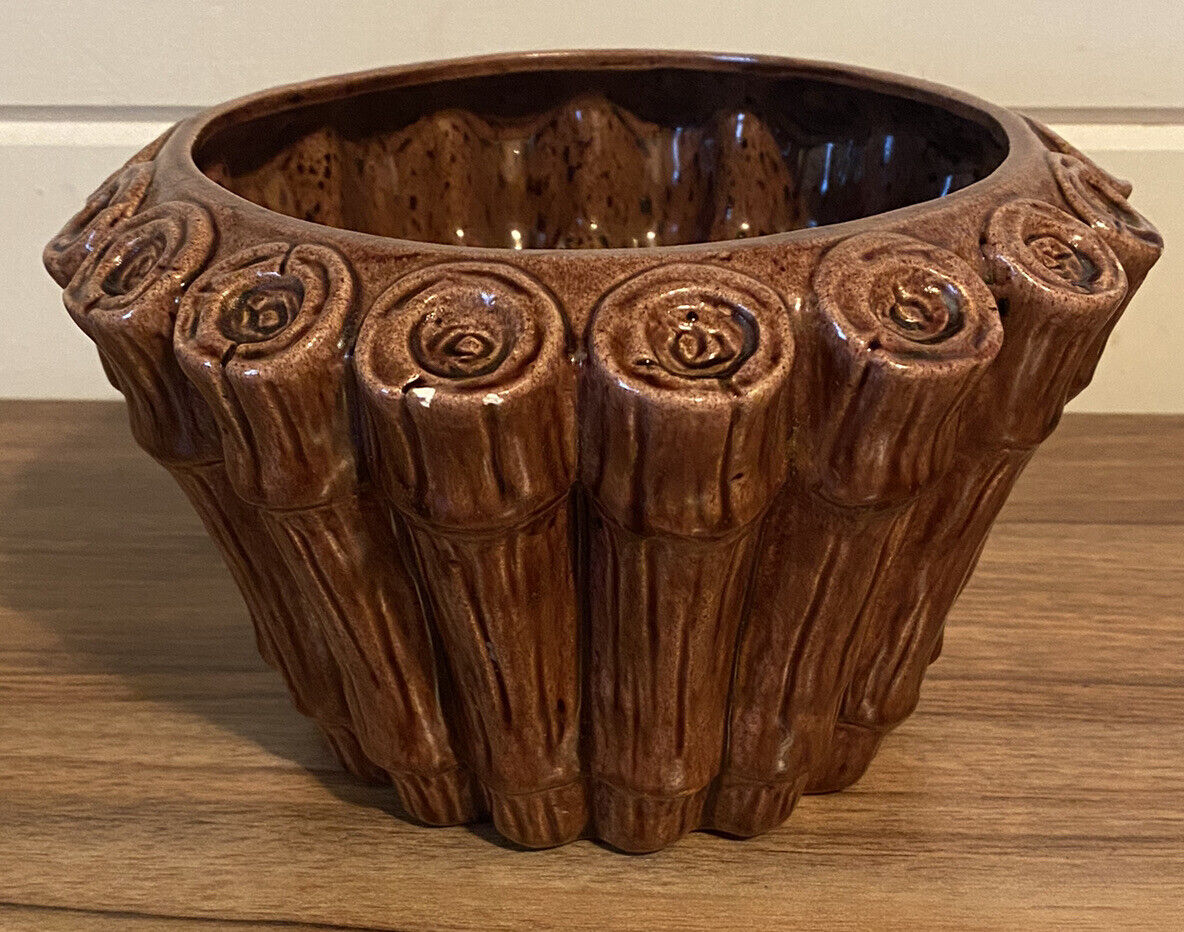 Handmade Brown Glazed Pottery Bamboo Planter Pot 1978 Made By Bobby