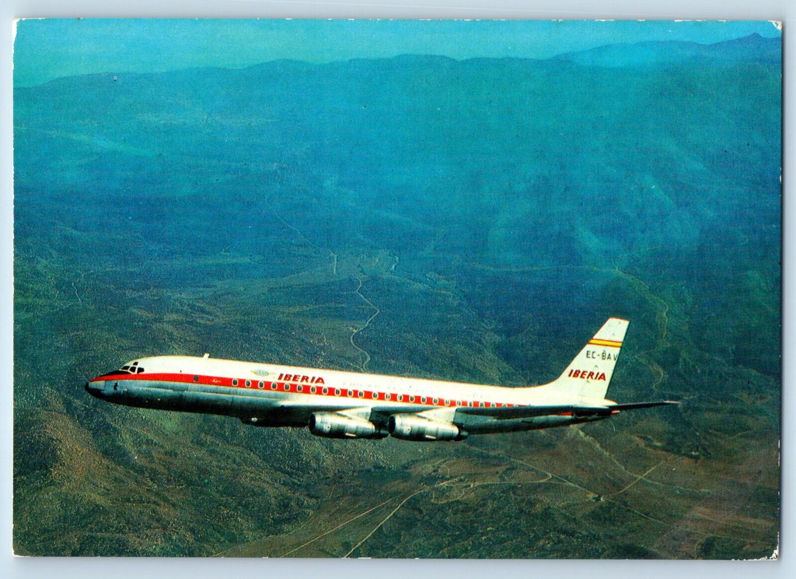 Spain Postcard Iberia DC-8 Douglass Turbofan Jet Airplane c1960's Vintage