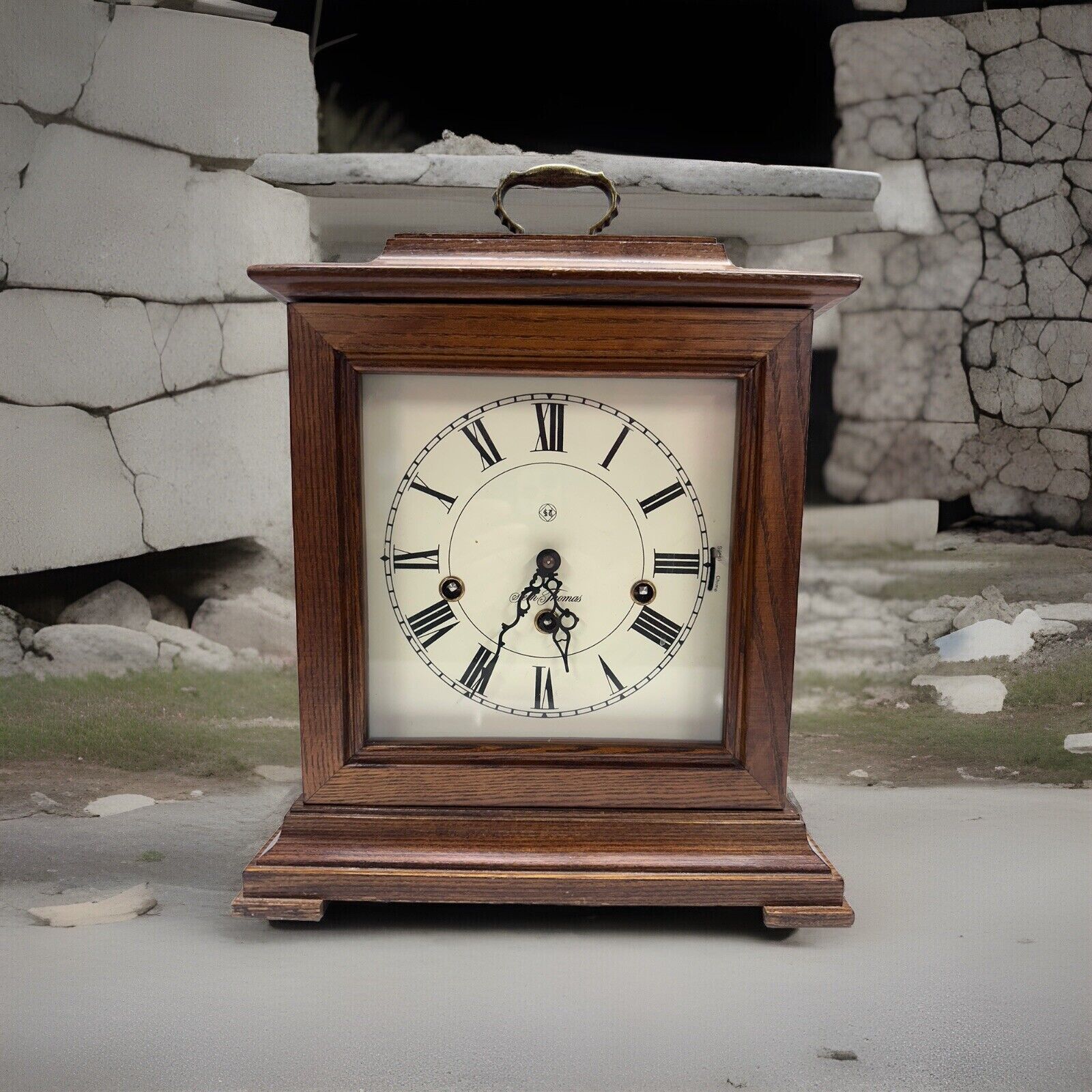 Vintage Seth Thomas Newcastle Key Wind Up Solid Wood Mantle Clock.