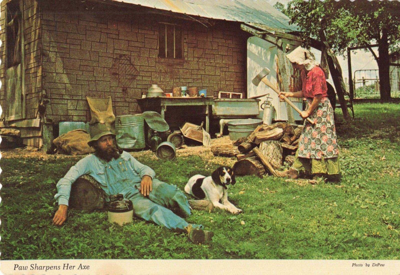 Ozarks Livin' Hillbilly Style Continental Postcard Paw Sharpens Her Axe 216