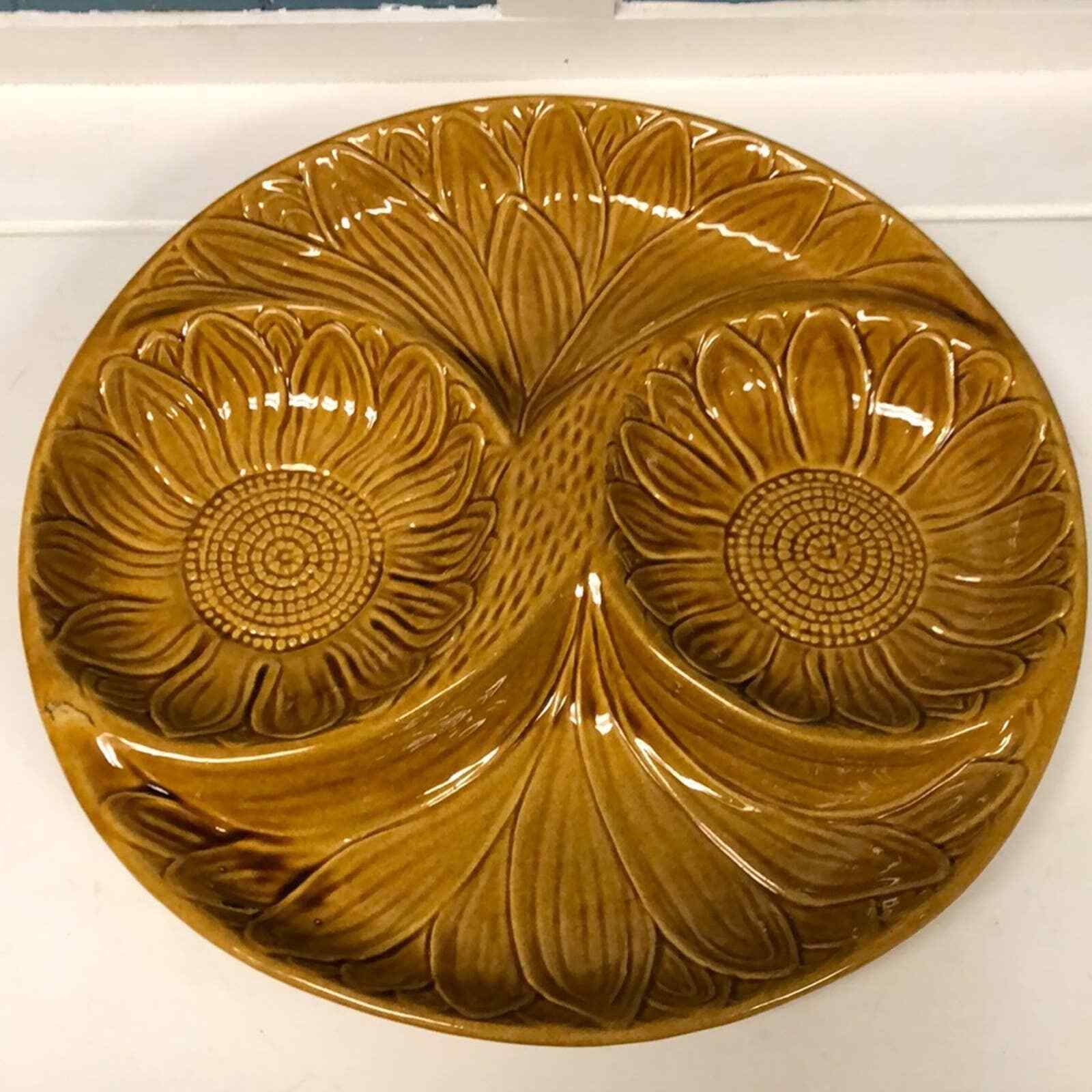Vtg 13” orange Brown Floral Divided Round Tray Chips & Dip California Pottery