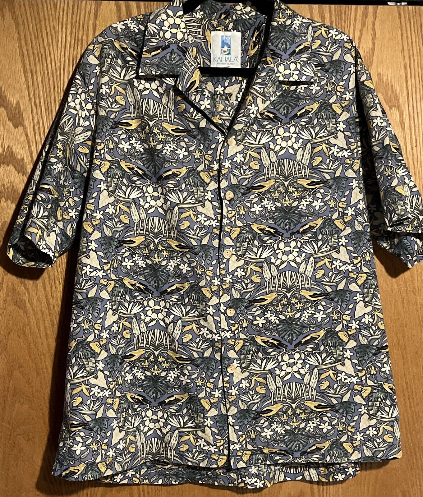 Vintage Blue Kahala Hawaiian Islands XL Shirt Tropical Yellow Birds Flowers Leaf
