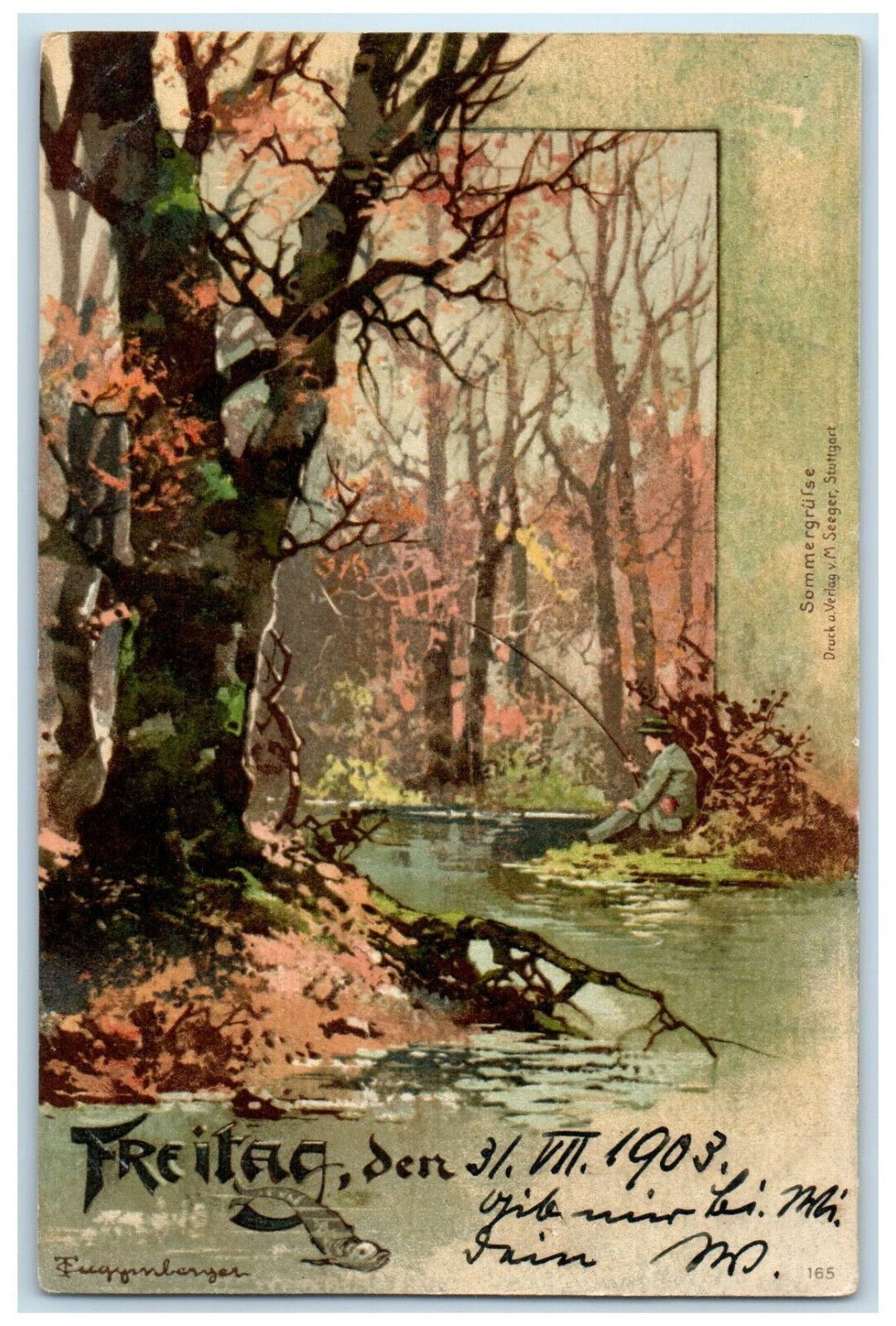 1903 Man Fishing Trees River View Friday Austria Posted Antique Postcard