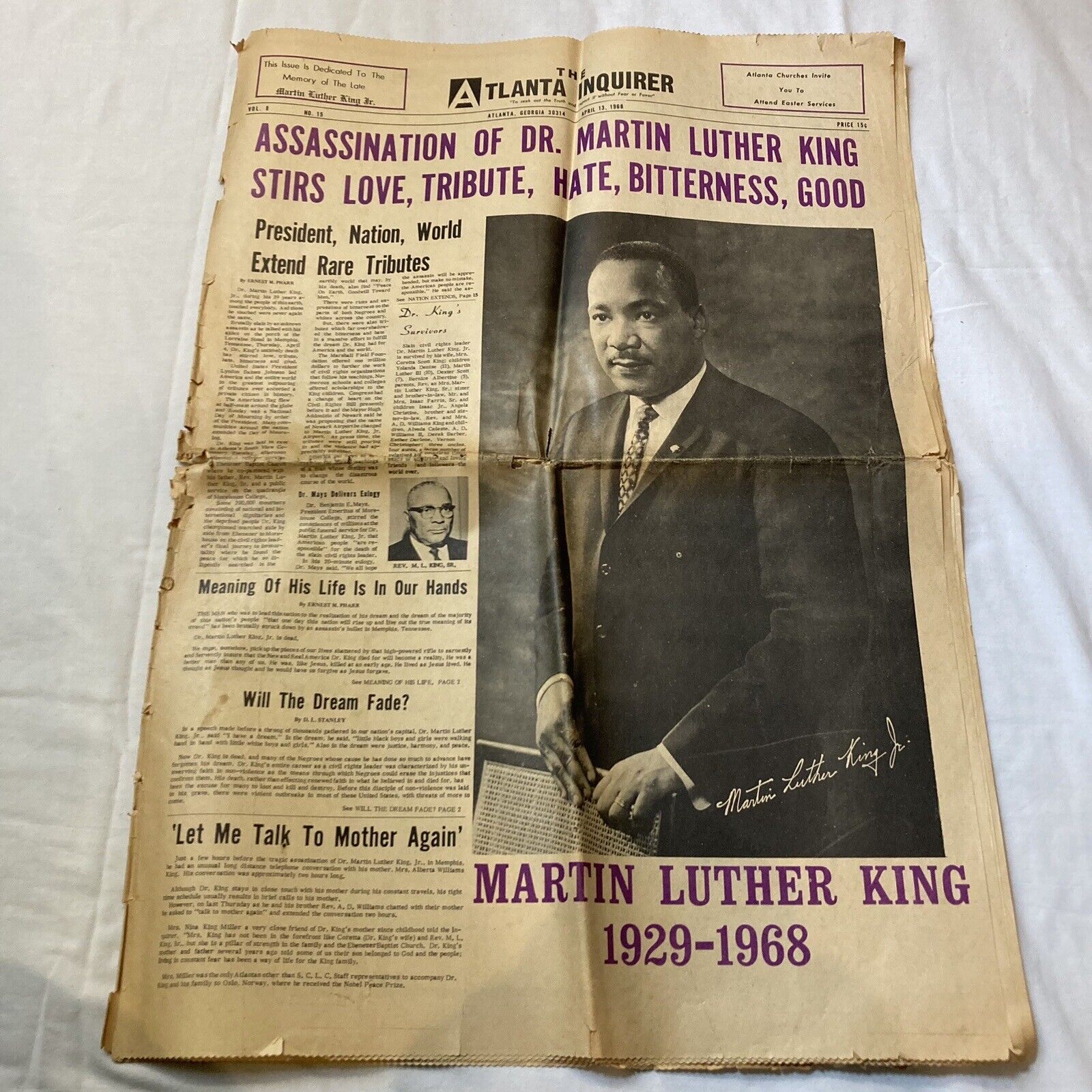 Dr. Martin Luther King Jr Assassination Articles Atlanta Inquirer April 13 1968