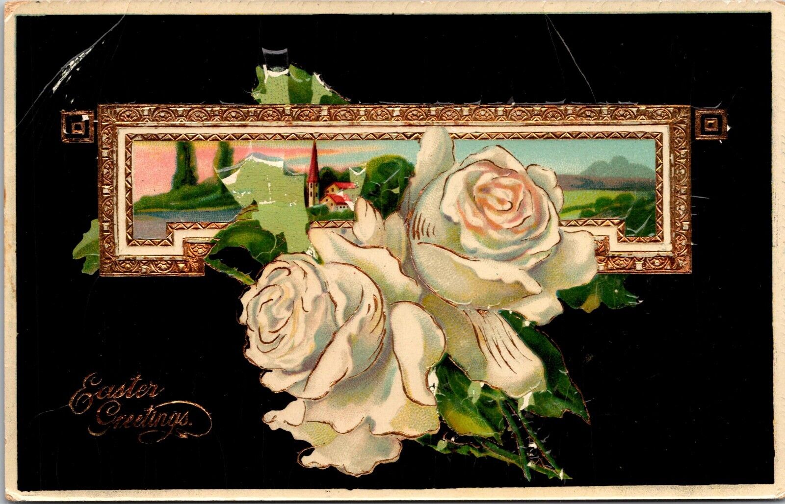 c1910 Antique Easter Germany Postcard. Roses Chruch  a1