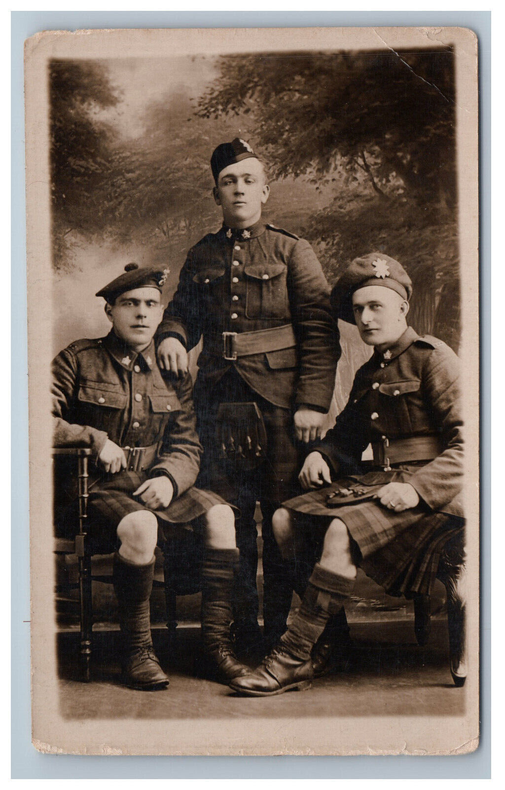 Real Photo Postcard Scottish Men Kilts Uniform Military RPPC 