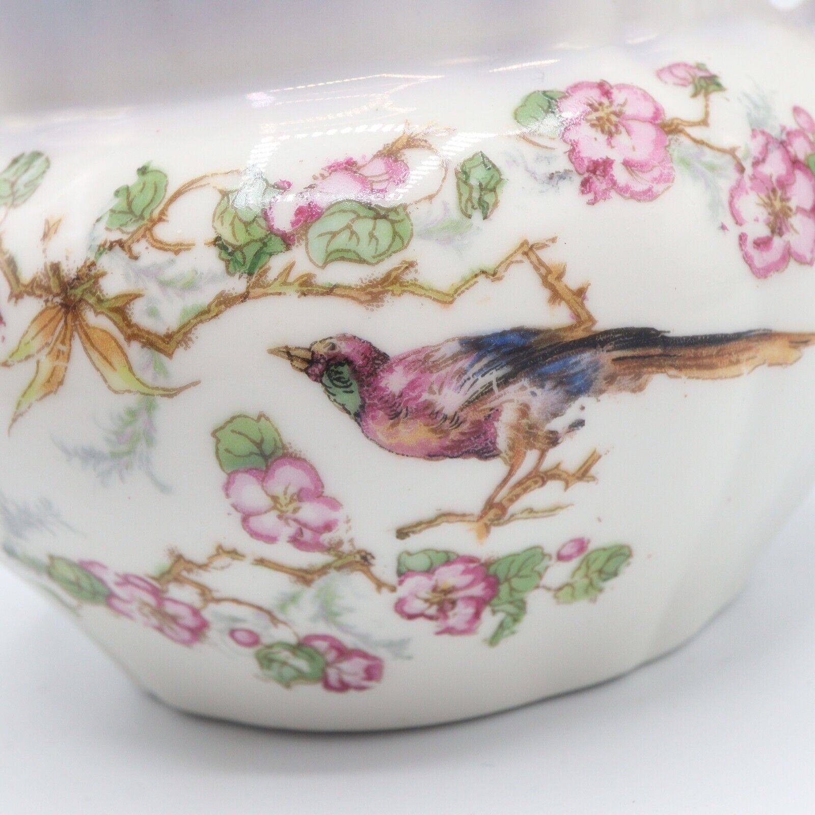 ANTIQUE GERMANY PORCELAIN PINK FLOWERS BIRD ON BRANCH COFFEE TEAPOT PITCHER 4\