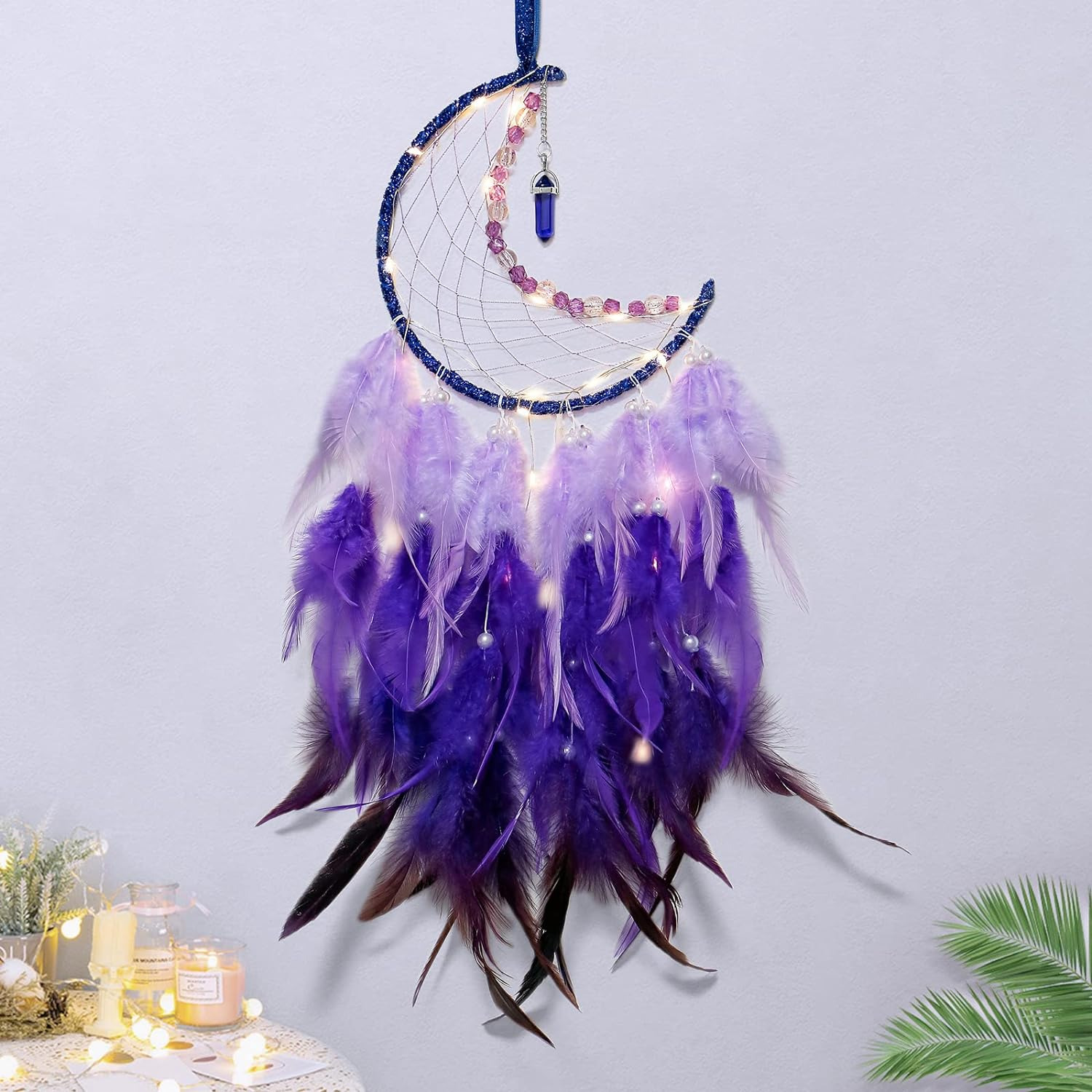 Moon Dream Catcher with Fairy Lights-Handmade Colorful Feather Lucky Turquoise 
